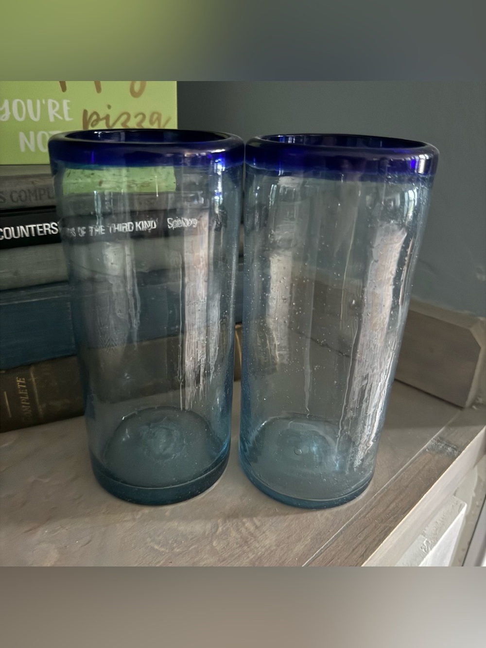 2 Thick Glass Cylinder Vases Clear with Blue Tint and Rim 7” Tall